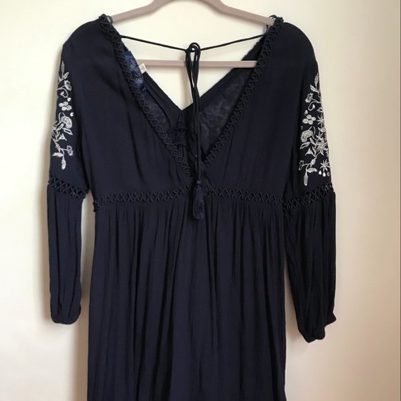 Long Sleeve Navy Blue Dress with Silver Detailing - Picture 2 of 3